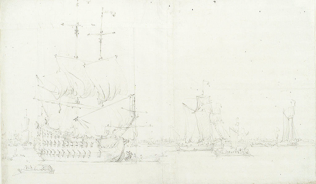 Detail of An English third-rate drying sails and several galliots becalmed off Greenwich by Willem van de Velde the Elder