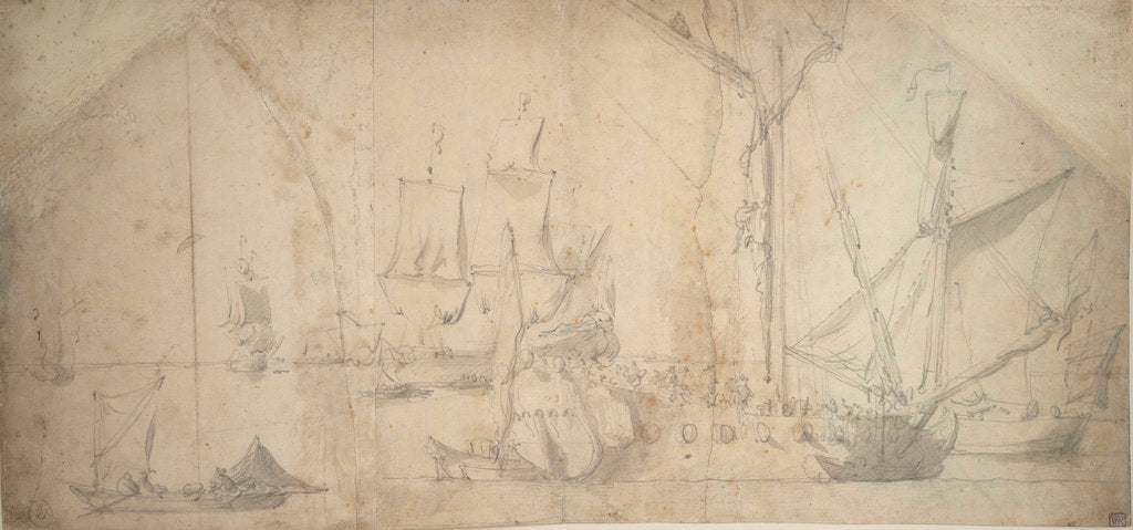 Detail of An English yacht at anchor furling sail by Willem van de Velde the Elder