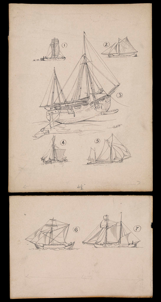 Detail of Seven illustrations on two cards regarding article on 'Trows ' in Mariner's Mirror by Robert Morton Nance