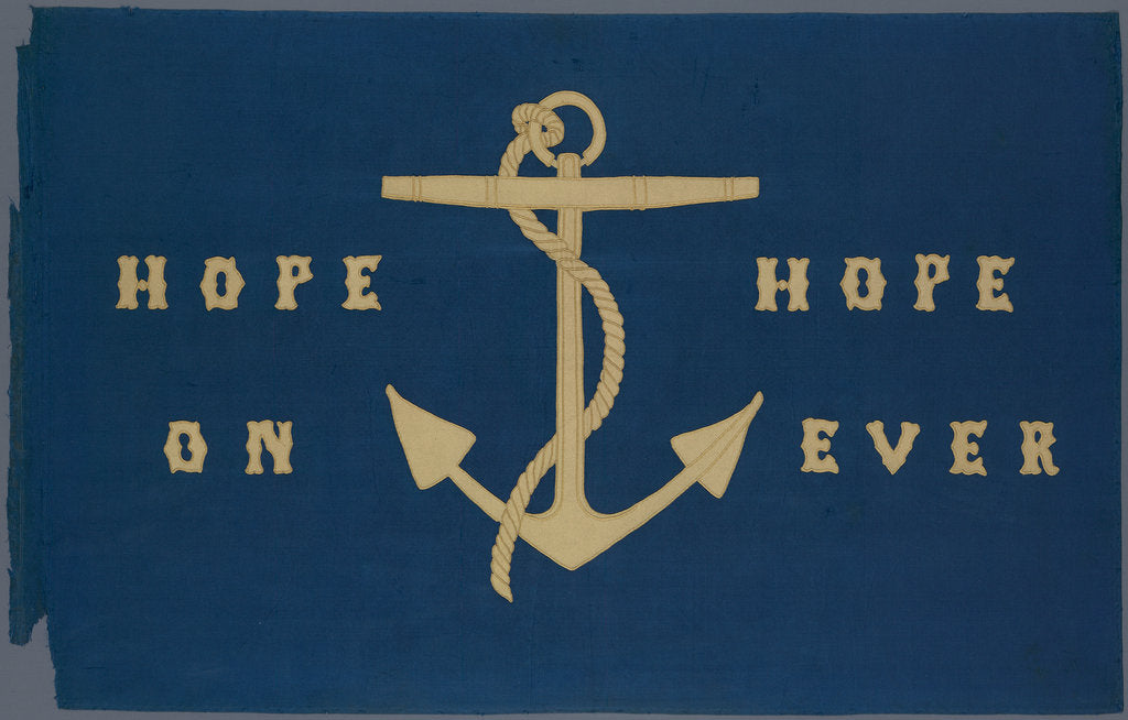 Detail of Sledge flag with anchor design and embroidered 'Hope On' 'Hope Ever' by Lady Jane Franklin