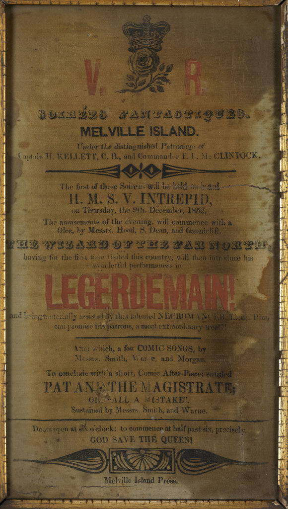 Detail of Playbill produced on board HMS 'Intrepid' during the Franklin Search Expedition by Melville Island Press