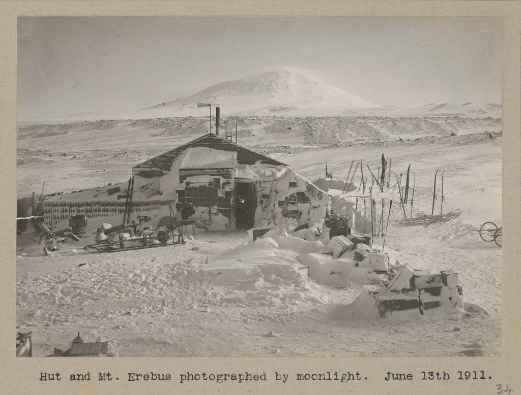 Detail of Hut and Mt. Erebus photographed by moonlight by Herbert George Ponting