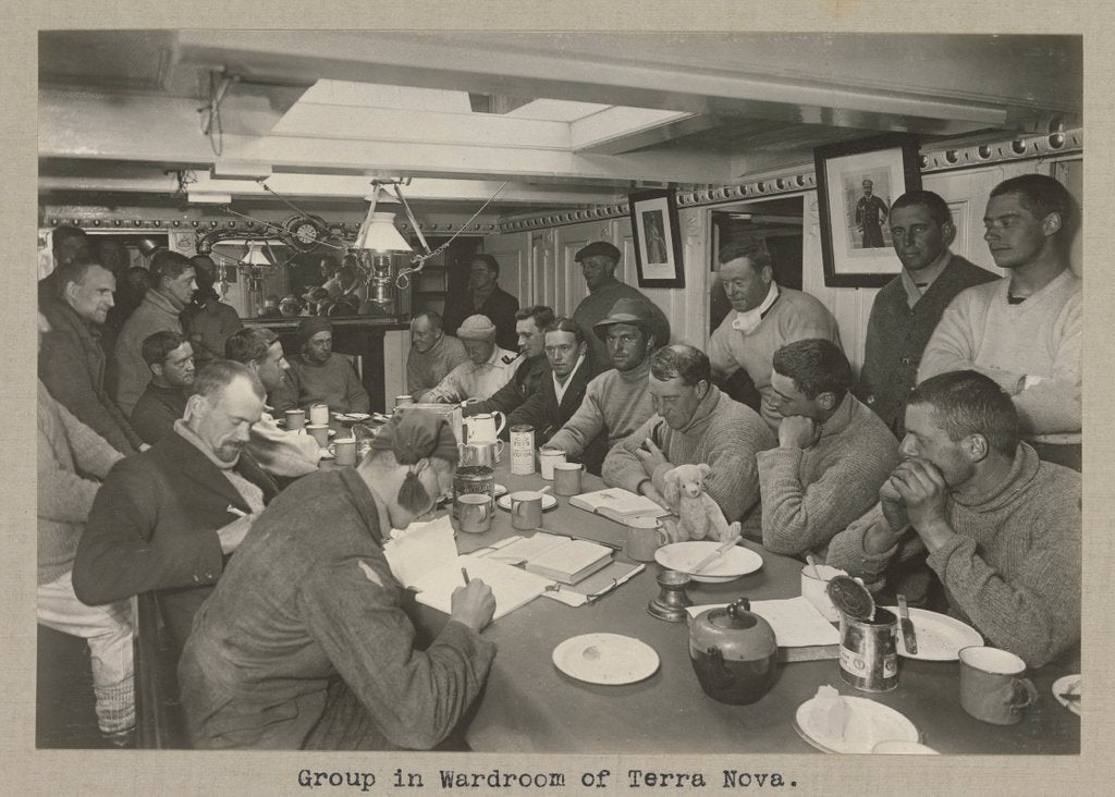Detail of Group of scientists and officers in Wardroom of Terra Nova by Herbert George Ponting