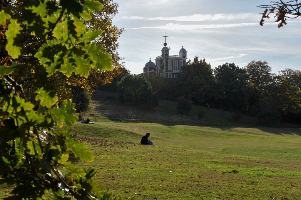 Detail of Autumnal image of the Royal Observatory Greenwich including, Flamsteed House, Peter Harrison Planetarium & Altazimuth building and the park by National Maritime Museum