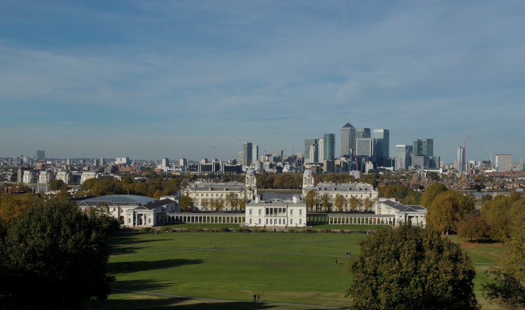 Detail of Autumnal image of the Queens House in Greenwich including a view from General Wolfe statue & the park by National Maritime Museum