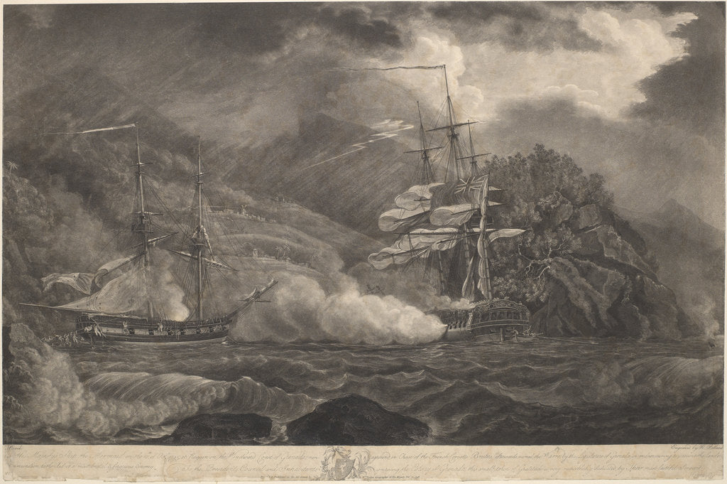 Detail of His Majesty's Ship the Mermaid on the 10th of Octr 1795, at Requin.... Grenada, run aground in Chase of the French Corvette Brutus.. to prevent the landing Ammunition by Nicholas Pocock; Robert Pollard; William Faden