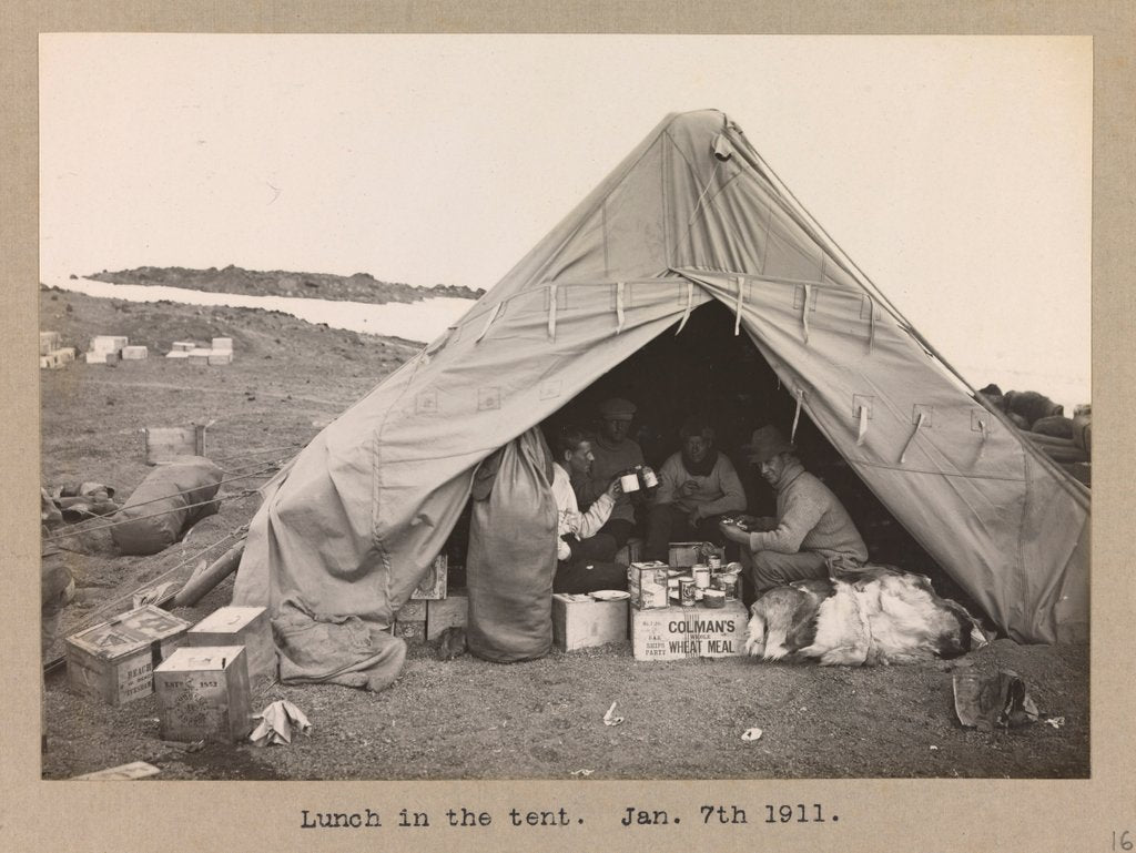 Detail of Four expedition members having lunch in a tent by Herbert George Ponting