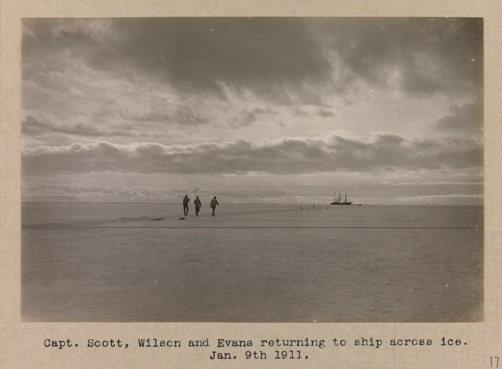 Detail of Captain Scott, Dr. Wilson and Commander Evans walking across the ice floe to Terra Nova (1884) by Herbert George Ponting