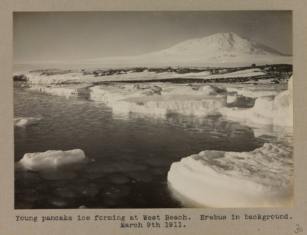 Detail of Young pancake ice forming at West Beach. Erebus in background. by Herbert George Ponting