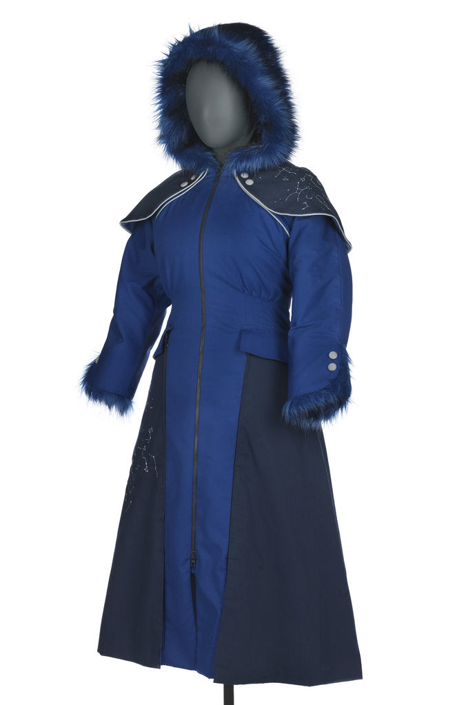 Detail of Royal & navy blue gabardine coat by Nathalie Murcott