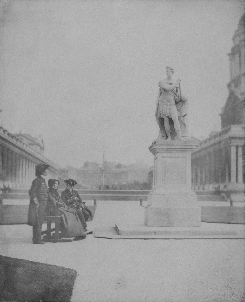 Detail of Two Greenwich Pensioners with a female companion beside Rysbrack’s statue of George II. Inversed digital file to create b&w positive. by William Henry Fox Talbot; Calvert Richard Jones