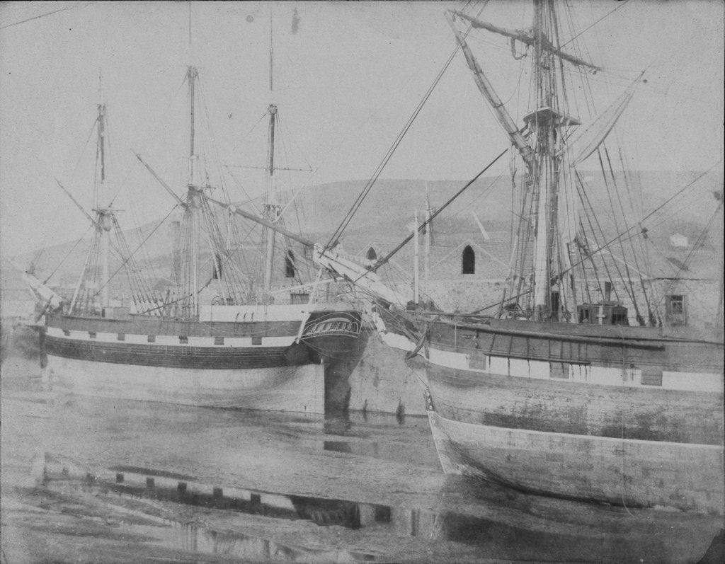 Detail of The 'Mary Dugdale' (1835) alongside a quay at Swansea. Inversed digital file to create b&w positive by Calvert Richard Jones