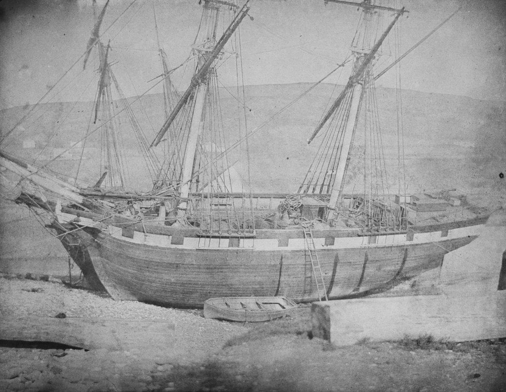 Detail of A brigantine and brig grounded with lines ashore. Inversed digital file to create b&w positive by Calvert Richard Jones