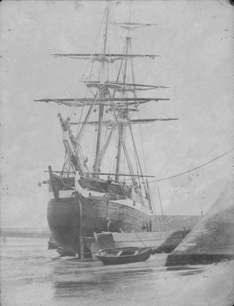 Detail of Port bow view of an unidentified brig dried out off the quayside, possibly at Swansea. Inversed digital file to create b&w positive by Calvert Richard Jones