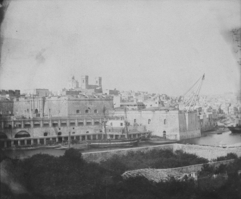 Detail of View across to Senglea with the Sheer Bastion on the right. Inversed digital file to create b&w positive by Calvert Richard Jones