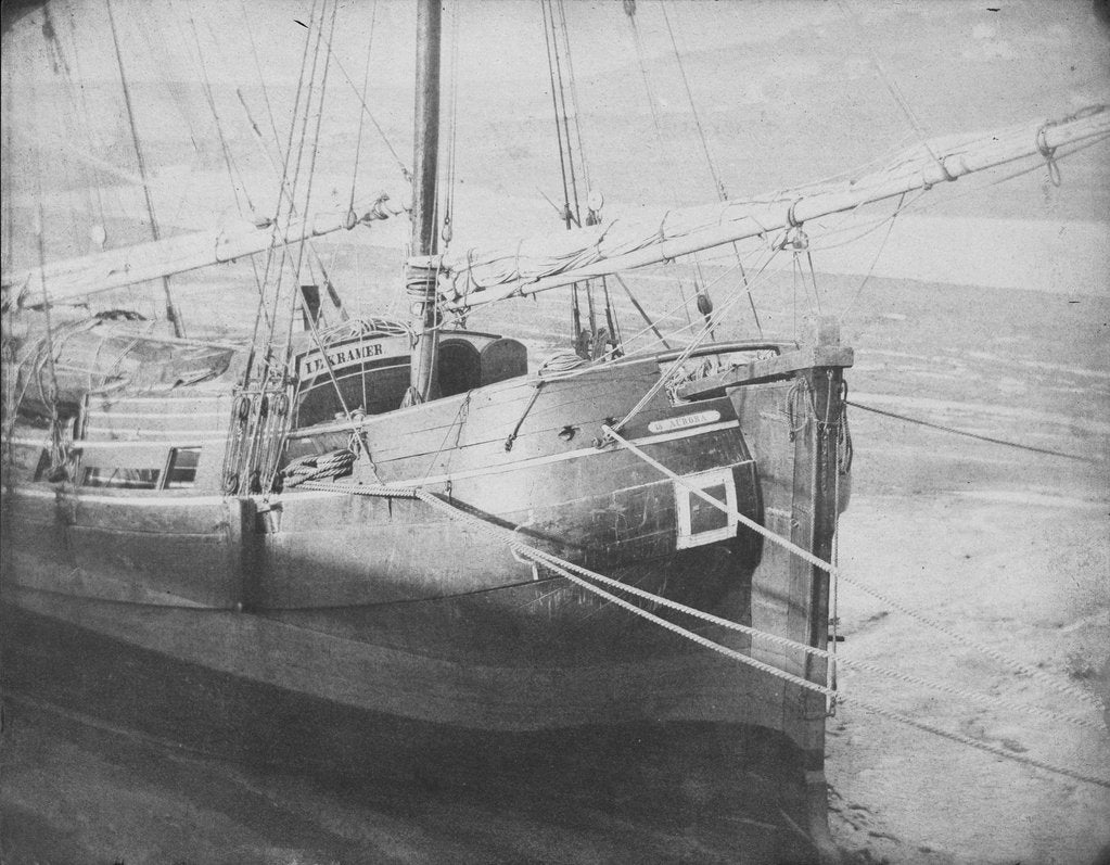 Detail of Port quarter view of the Dutch barge 'Aurora', dried out, possibly at Swansea. Inversed digital file to create b&w positive by Calvert Richard Jones