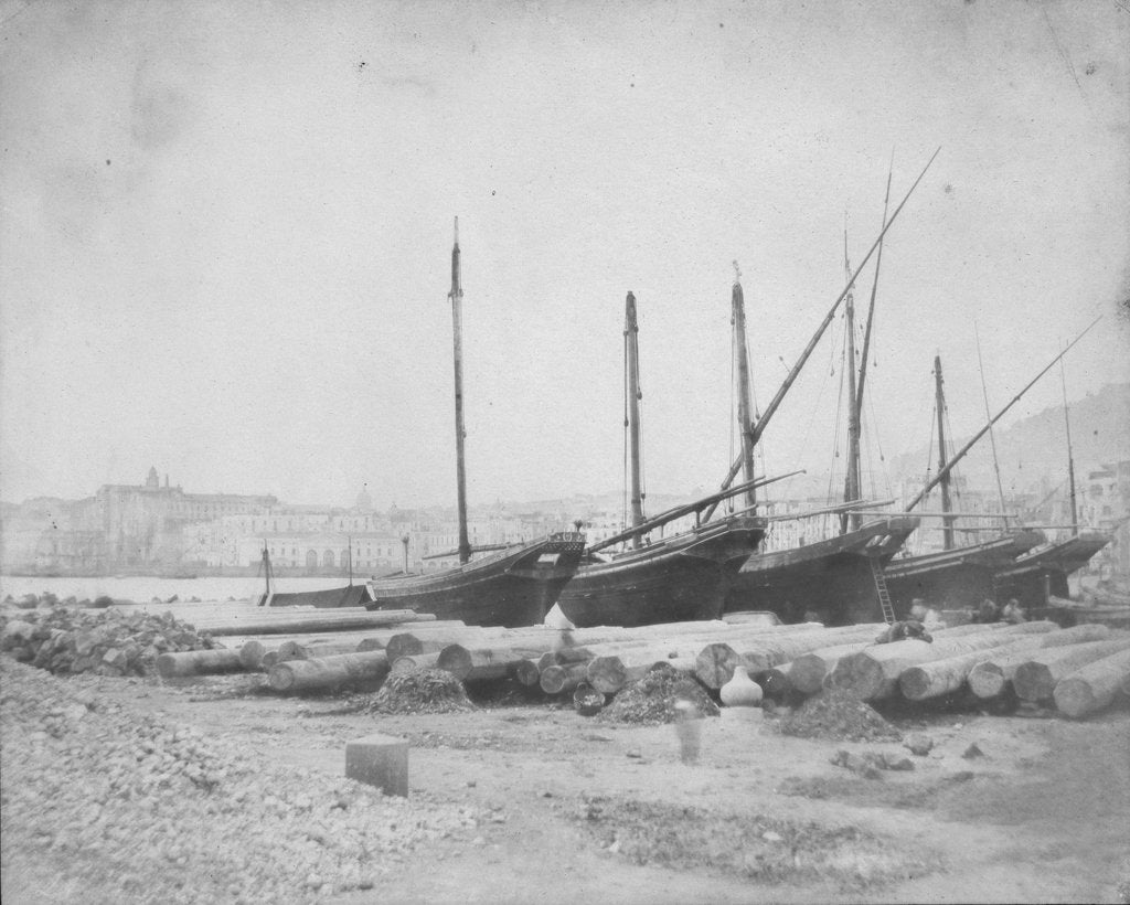 Detail of A view of Naples from the east with lateen-rigged ships drawn up on the shore. Inversed digital file to create b&w positive by Calvert Richard Jones