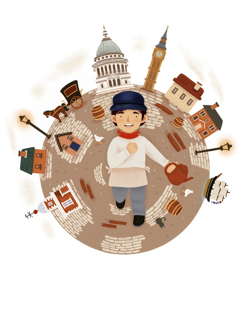 Detail of Children's book 'At Sea Without Tea - The Great Cutty Sark Adventure': James Robson around London Town by Giulia Casarotto