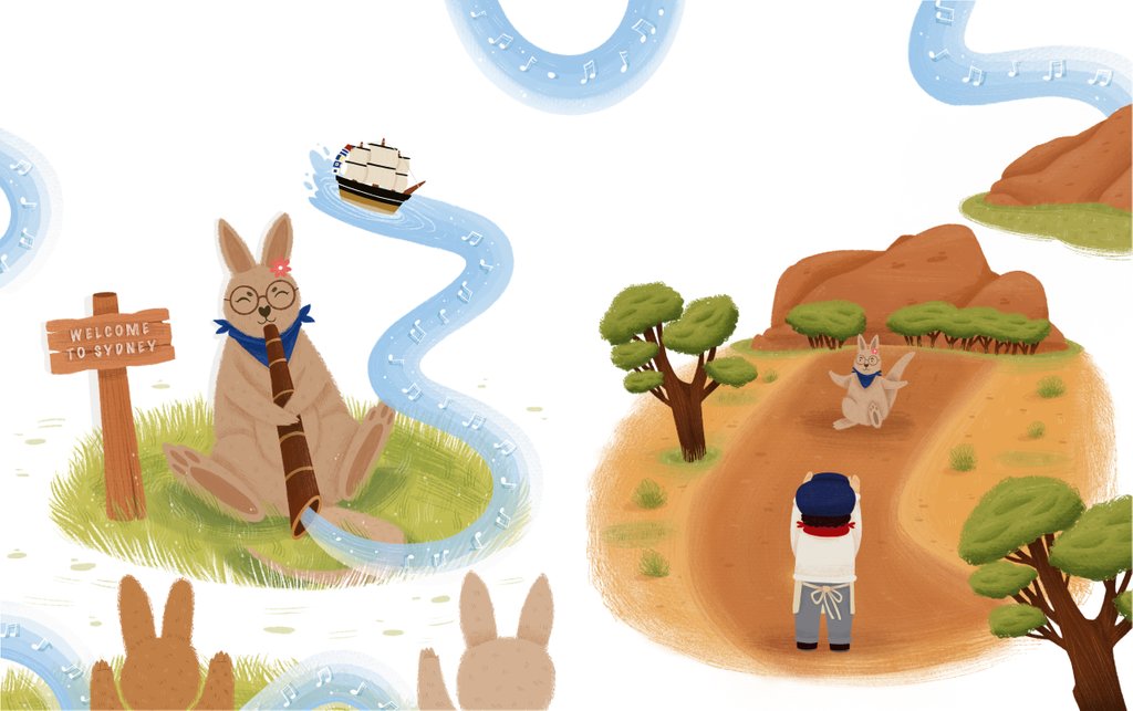 Detail of Children's book 'At Sea Without Tea - The Great Cutty Sark Adventure': Ozzie (Oz) Kangaroo and James Robson by Giulia Casarotto