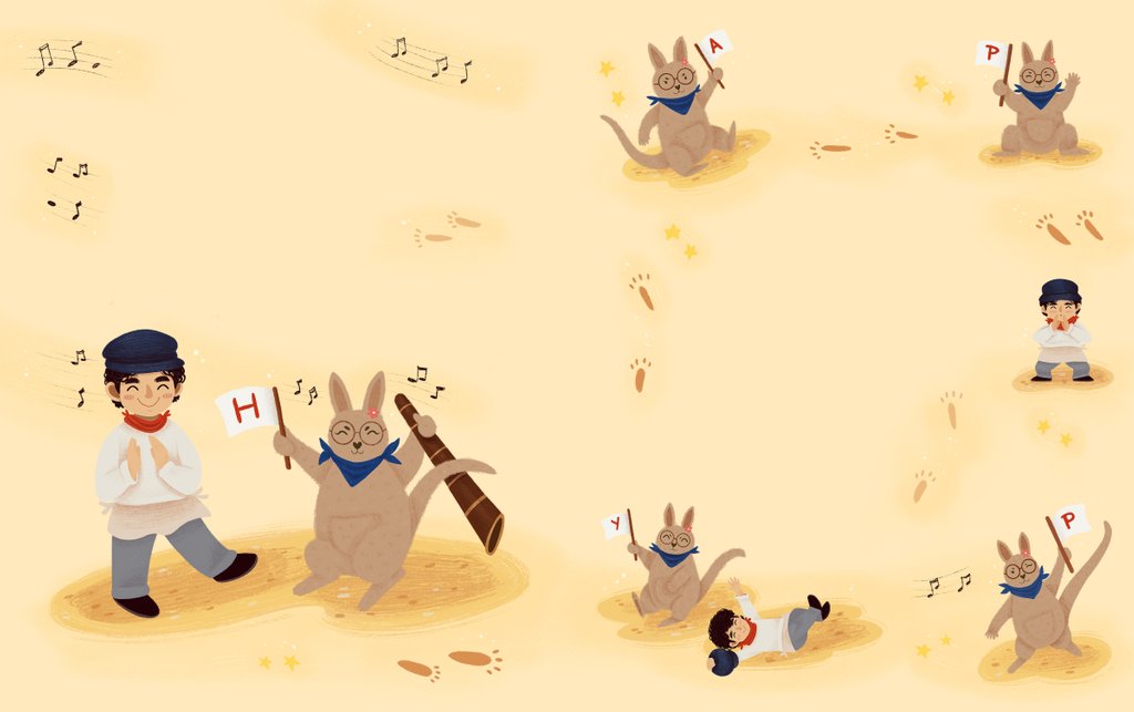 Detail of Children's book 'At Sea Without Tea - The Great Cutty Sark Adventure': Ozzie (Oz) Kangaroo and James Robson singing and hopping around by Giulia Casarotto