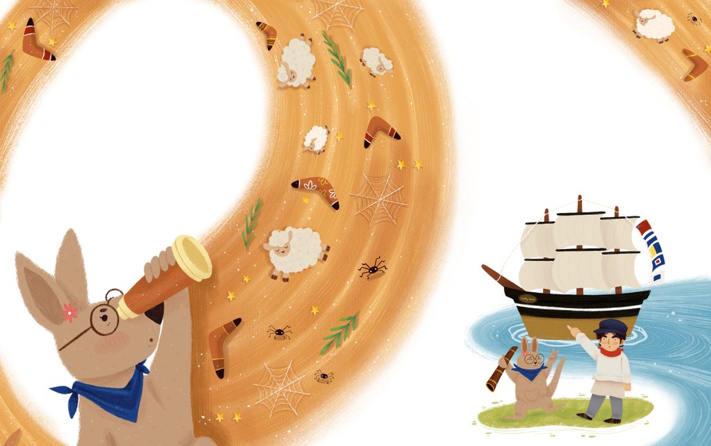 Detail of Children's book 'At Sea Without Tea - The Great Cutty Sark Adventure': Ozzie (Oz) Kangaroo looking through a telescope looking for tea by Giulia Casarotto