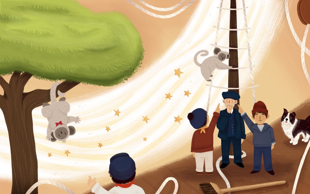 Detail of Children's book: 'At Sea Without Tea - The Great Cutty Sark Adventure': James Robson in South Africa meeting a monkey called Vervet by Giulia Casarotto