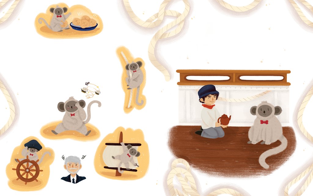 Detail of Children's book 'At Sea Without Tea - The Great Cutty Sark Adventure': James Robson and monkeys by Giulia Casarotto