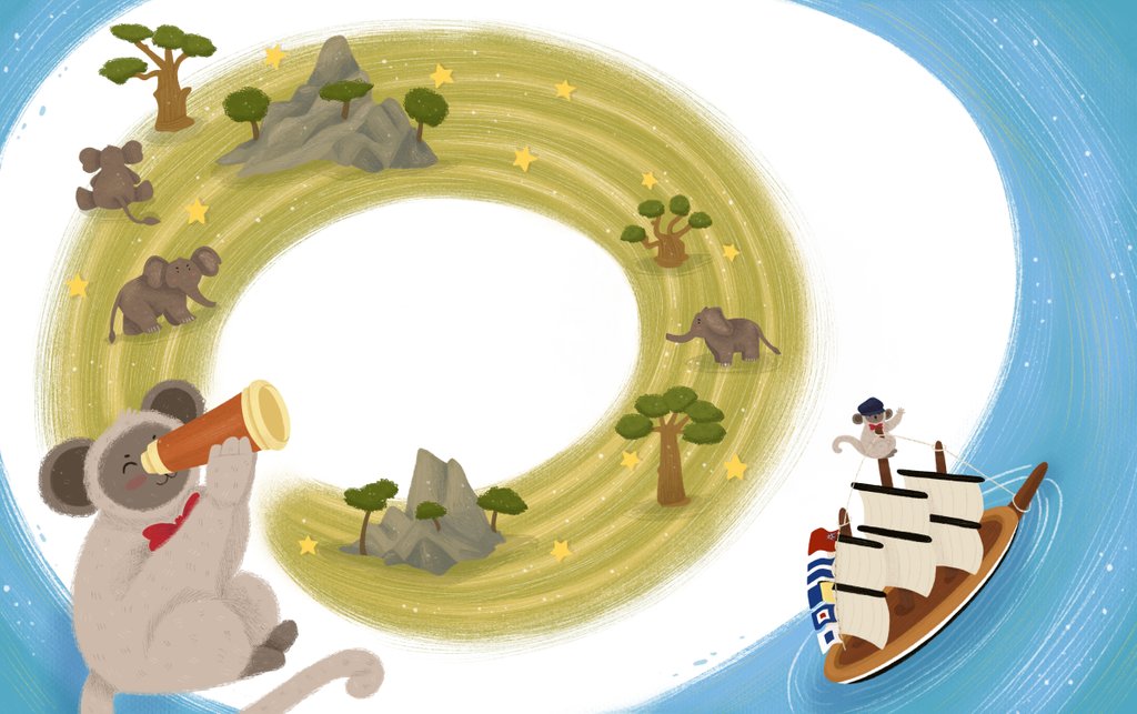 Detail of Children's book 'At Sea Without Tea - The Great Cutty Sark Adventure': Vervet the monkey looking through a telescope for tea by Giulia Casarotto