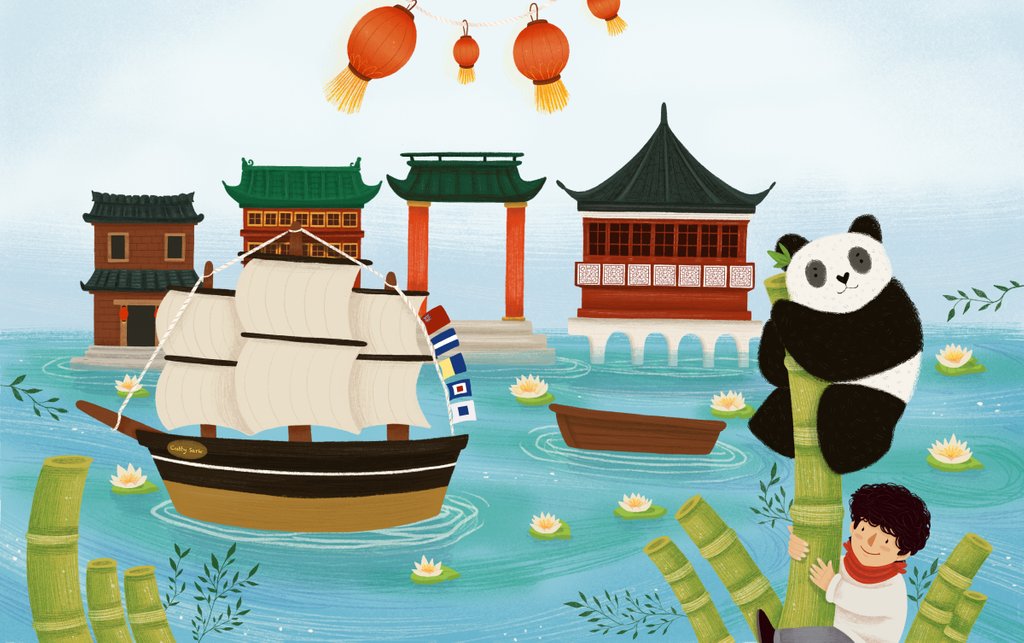 Detail of Children's book 'At Sea Without Tea - The Great Cutty Sark Adventure': Cutty Sark in Shanghai, China. James Robson meets Dinah the Panda by Giulia Casarotto