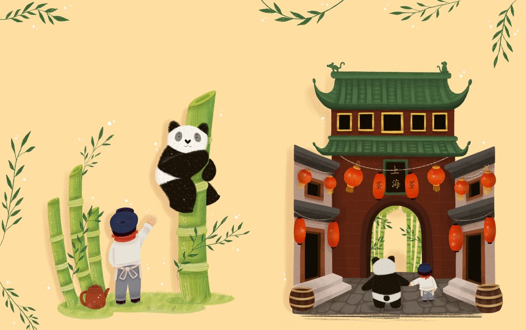 Detail of Children's book 'At Sea Without Tea - The Great Cutty Sark Adventure': Dinah the panda climbing down from the trees. James and Dinah in front of Chinese building. by Giulia Casarotto