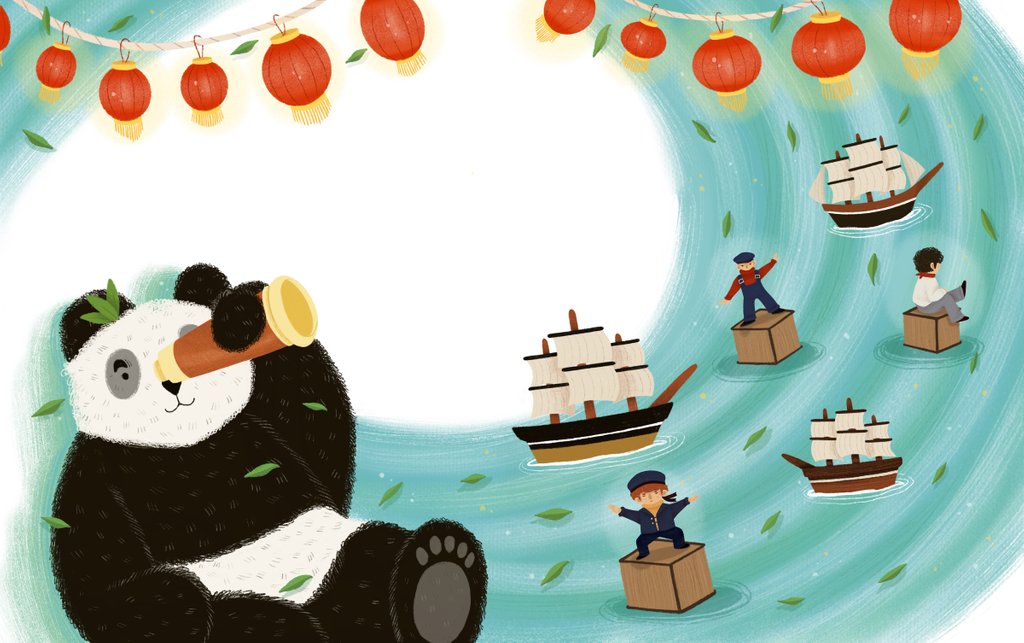 Detail of Children's book 'At Sea Without Tea - The Great Cutty Sark Adventure': Dinah the panda looking through a telescope and she can see tea by Giulia Casarotto