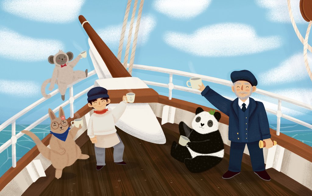 Detail of Children's book 'At Sea Without Tea - The Great Cutty Sark Adventure': James Robson, Dinah the panda, Vervet the monkey, and Oz the kangaroo all drinking tea on board Cutty Sark by Giulia Casarotto