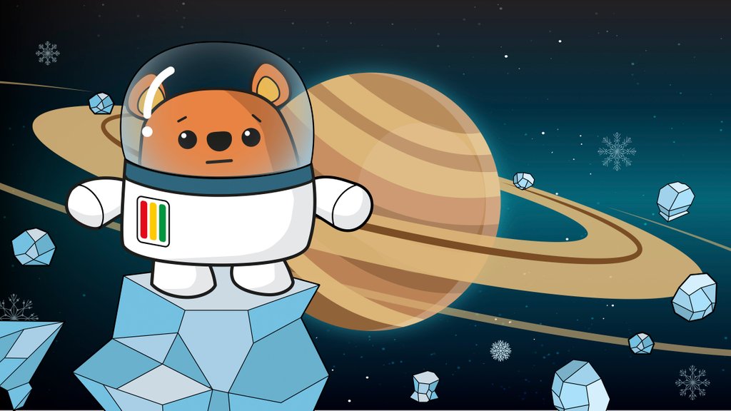 Detail of Space Ted in his space suit, standing on ice with Saturn in the background by Anonymous