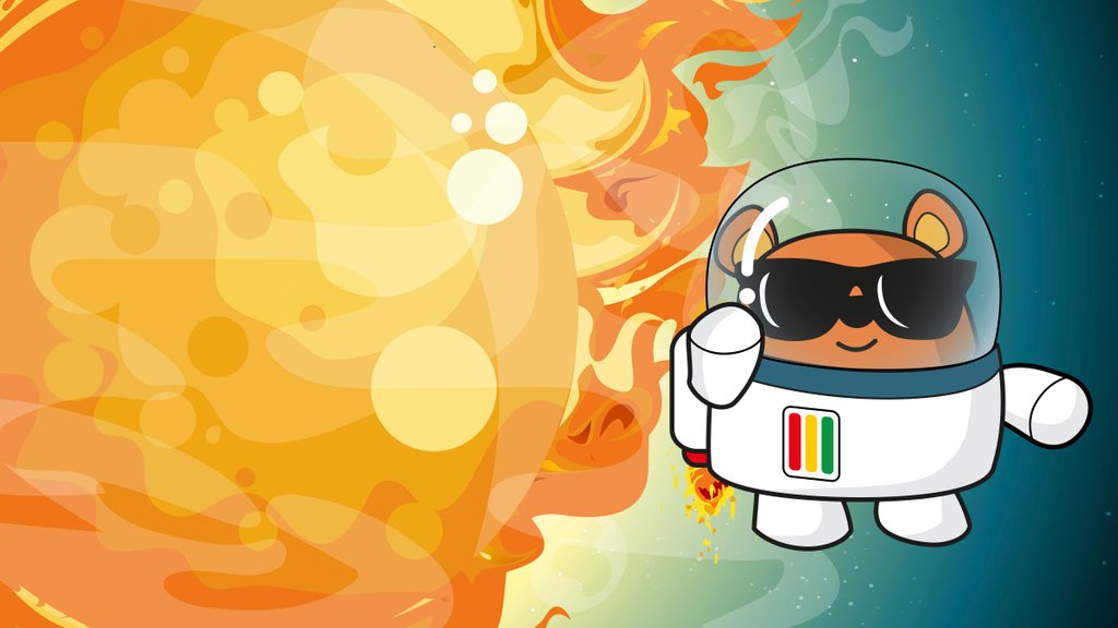Detail of Space Ted in his space suit with jetpack ignited, wearing sunglasses in front of the Sun by Anonymous