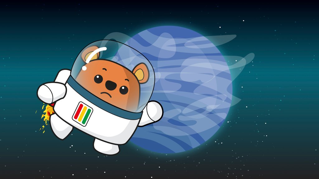 Detail of Space Ted in his space suit with jetpack ignited in front of Neptune by Anonymous