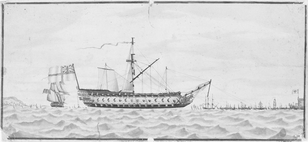 Detail of View of HMS 'St George' after being on shore on the bar of Lisbon (1785) by G. B. Lawrence