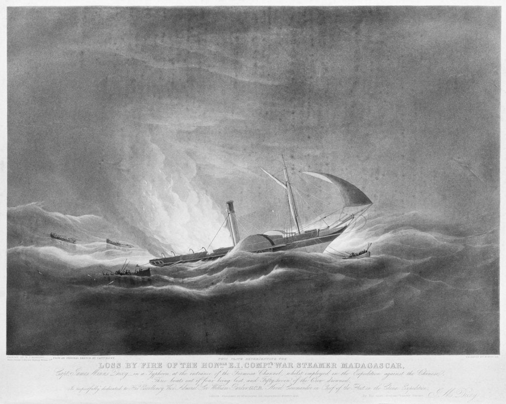 Detail of Loss by fire of the Honourable E. I. Company's war steamer 'Madagasgar'... in a typhoon, at the entrance of the Formosa Channel by William John Huggins